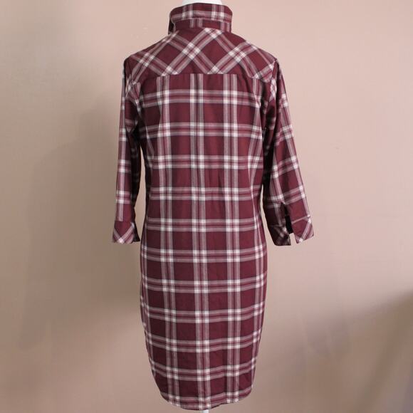 Women's Burgundy & White Plaid Shirt Dress/Tunic Lightweight Button Up SZ M - Picture 3 of 8